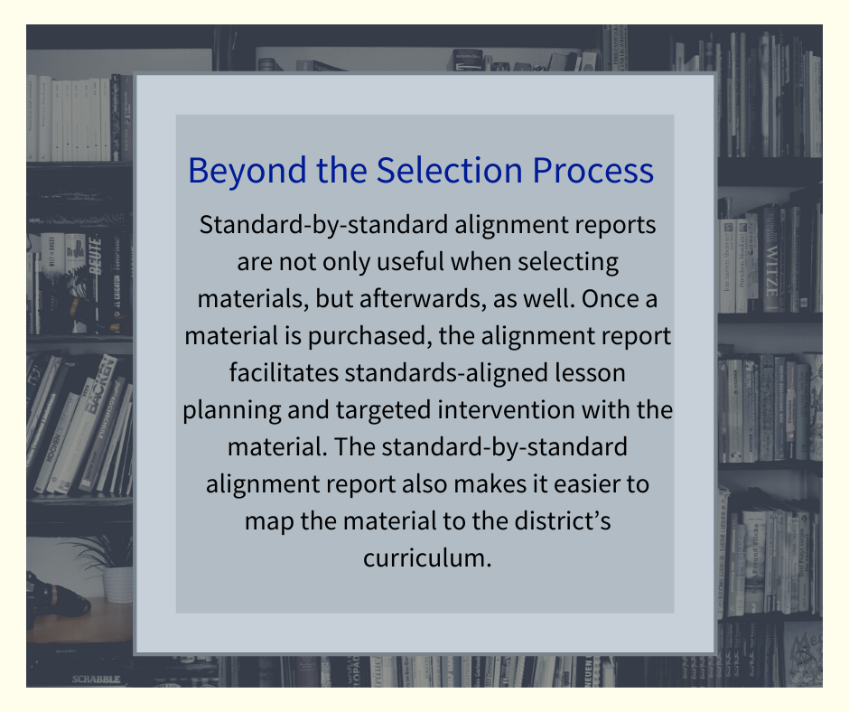 Sign in front of bookcase in the Early Literacy section of a library explaining how Learning List's alignment reports can be useful for lesson planning after a material has been purchased.