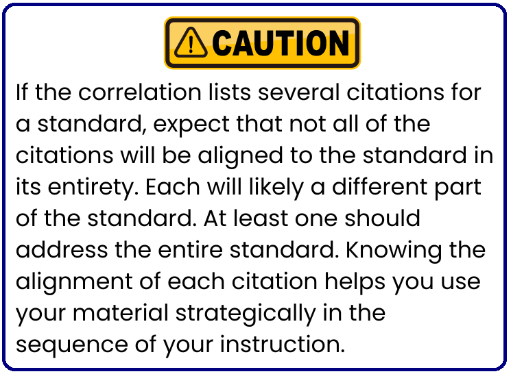 Warning to Teachers - a textbox explaining what to do when the publisher's correlation lists many citations for a single standard