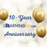 Learning List's Curriculum Review Service 10-Year Anniversary Image with gold baloons